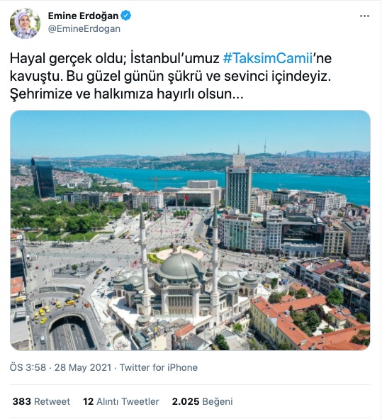 Emine Erdoğan'dan Taksim Camii paylaşımı